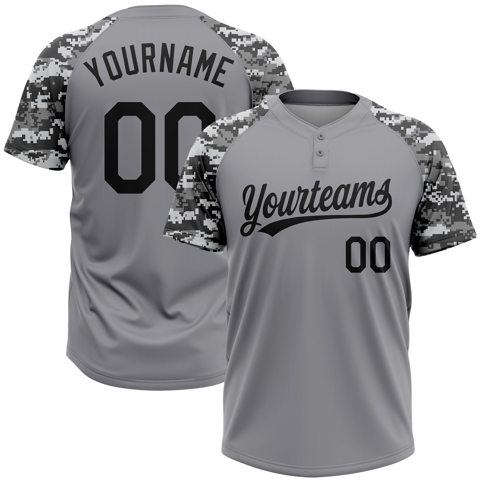 Custom Gray Black Camo Raglan Sleeves Two-Button Unisex Softball Jersey - Main View