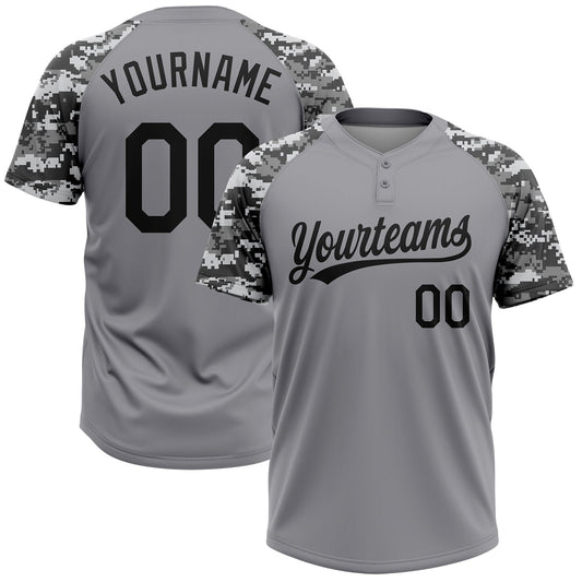 Custom Gray Black Camo Raglan Sleeves Two-Button Unisex Softball Jersey - Main View