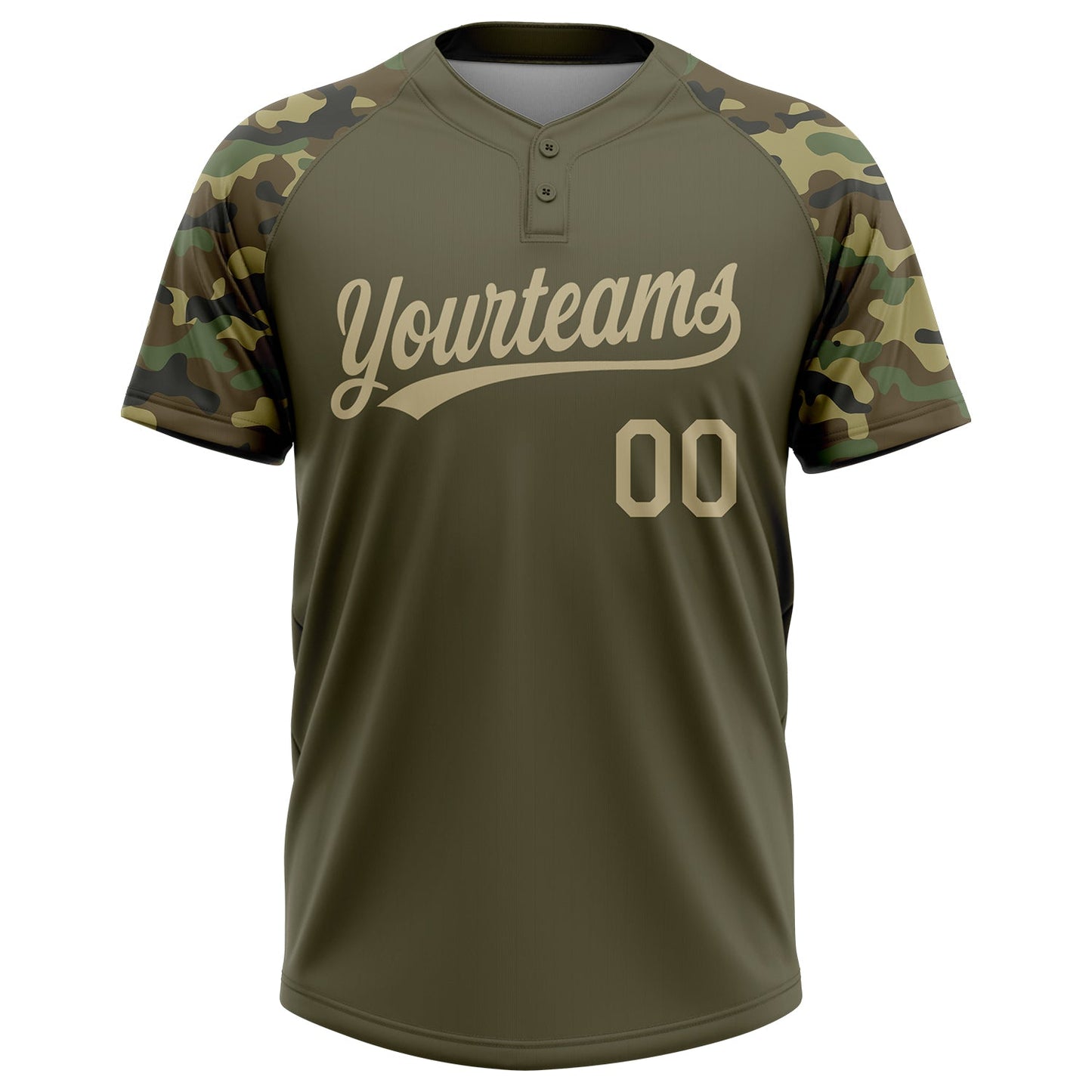 Custom Olive Vegas Gold Camo Raglan Sleeves Salute To Service Two-Button Unisex Softball Jersey view 2
