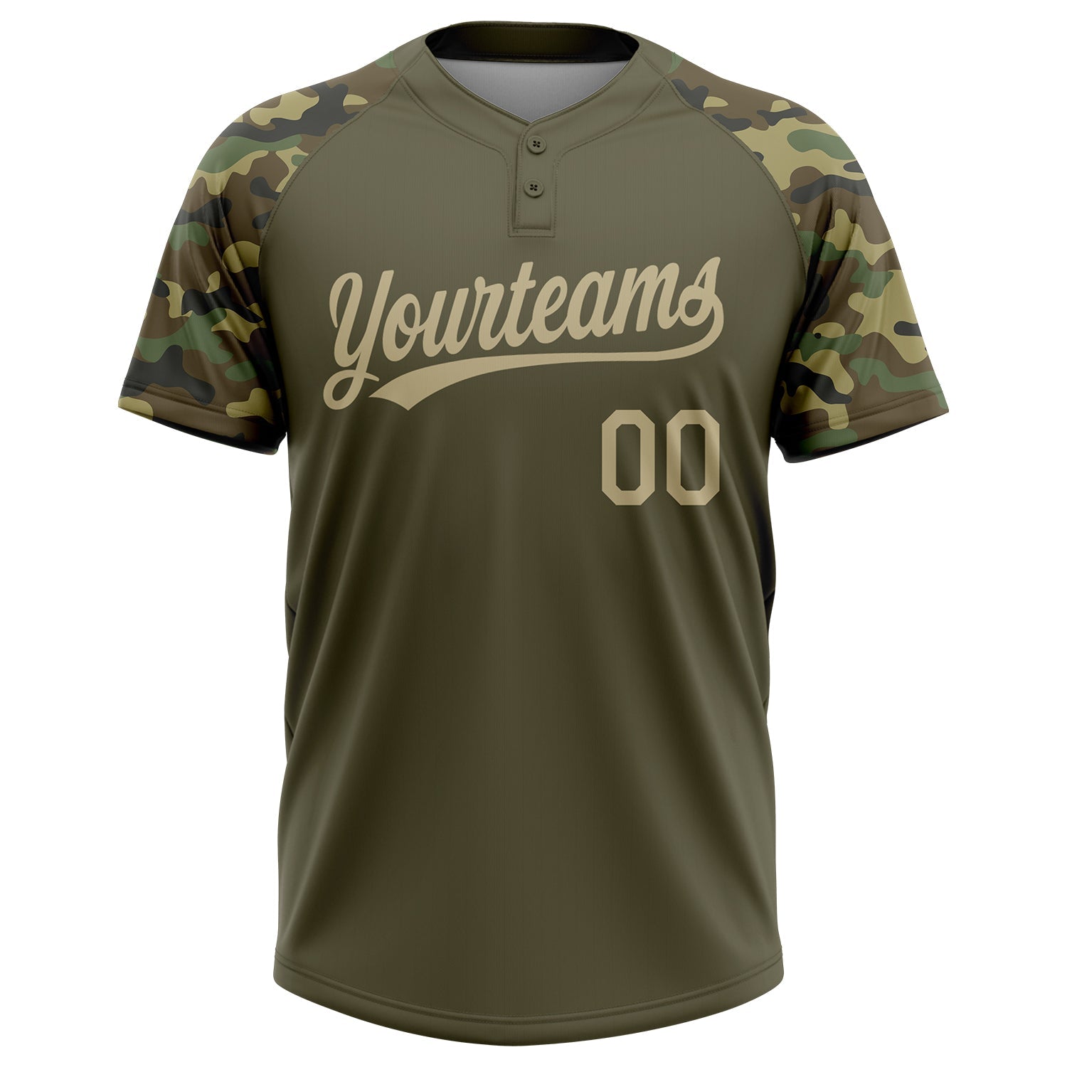 Custom Olive Vegas Gold Camo Raglan Sleeves Salute To Service Two-Button Unisex Softball Jersey view 2