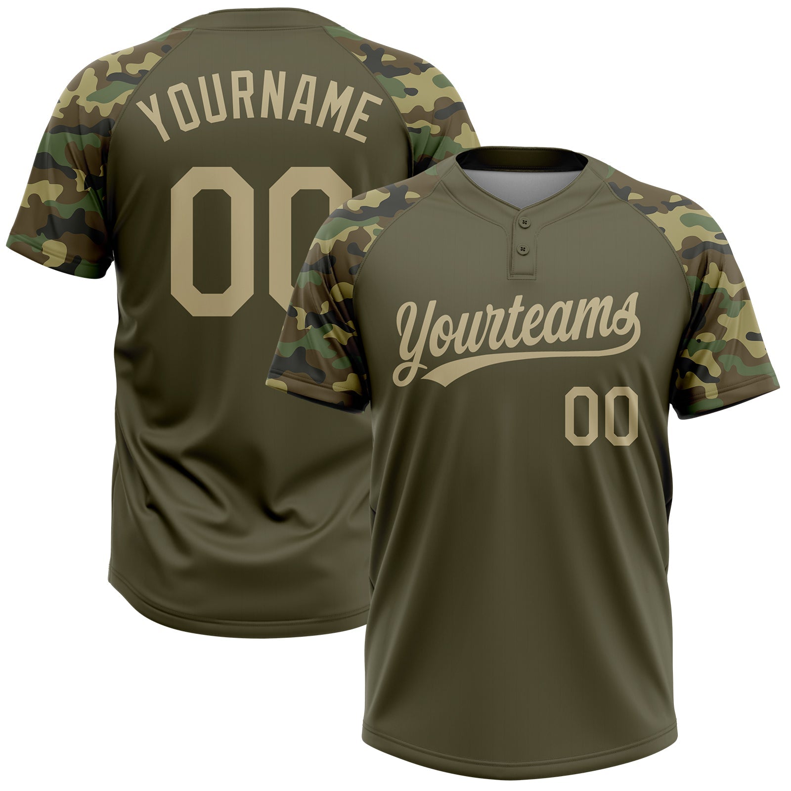 Custom Olive Vegas Gold Camo Raglan Sleeves Salute To Service Two-Button Unisex Softball Jersey - Main View