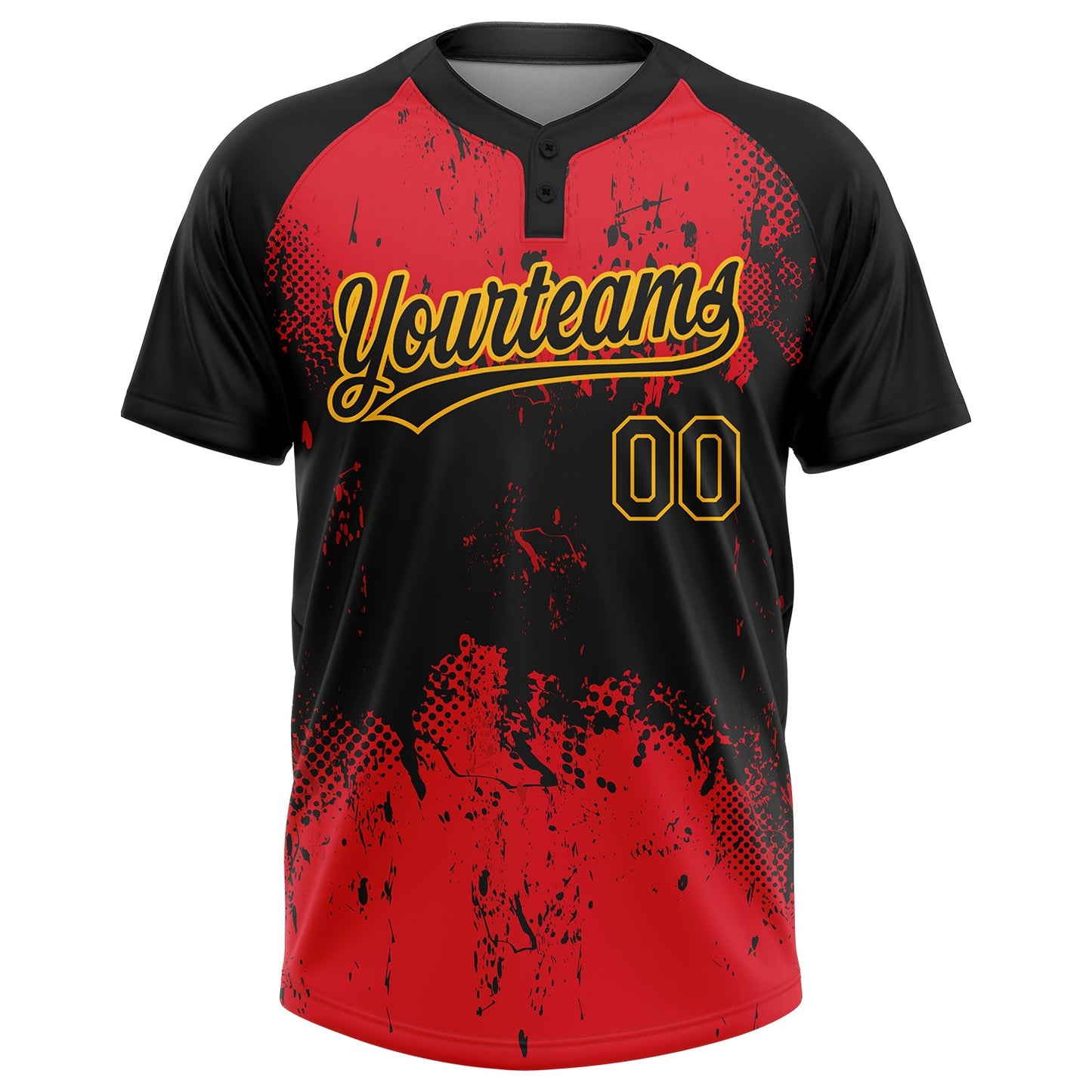 Custom Red Black-Gold 3D Pattern Two-Button Unisex Softball Jersey view 2