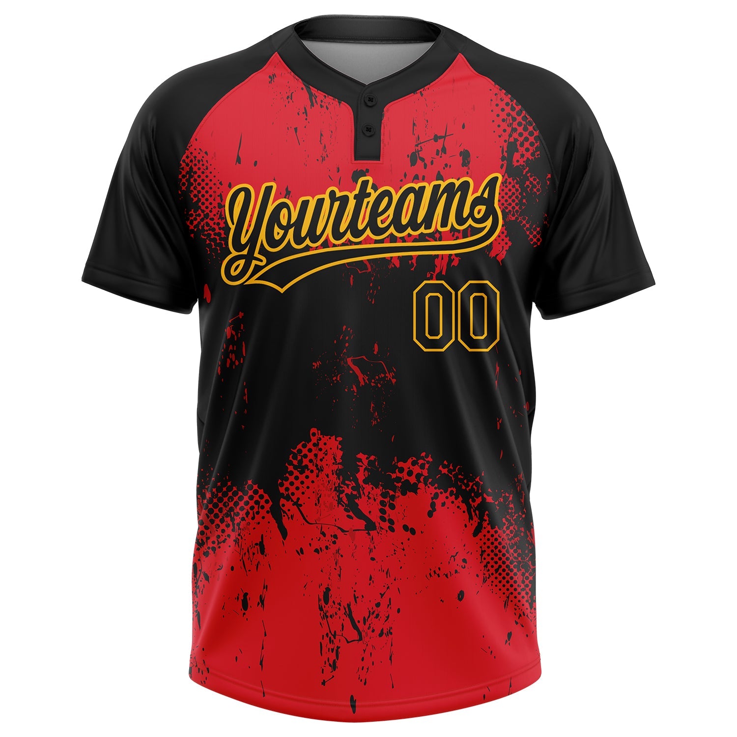 Custom Red Black-Gold 3D Pattern Two-Button Unisex Softball Jersey view 2