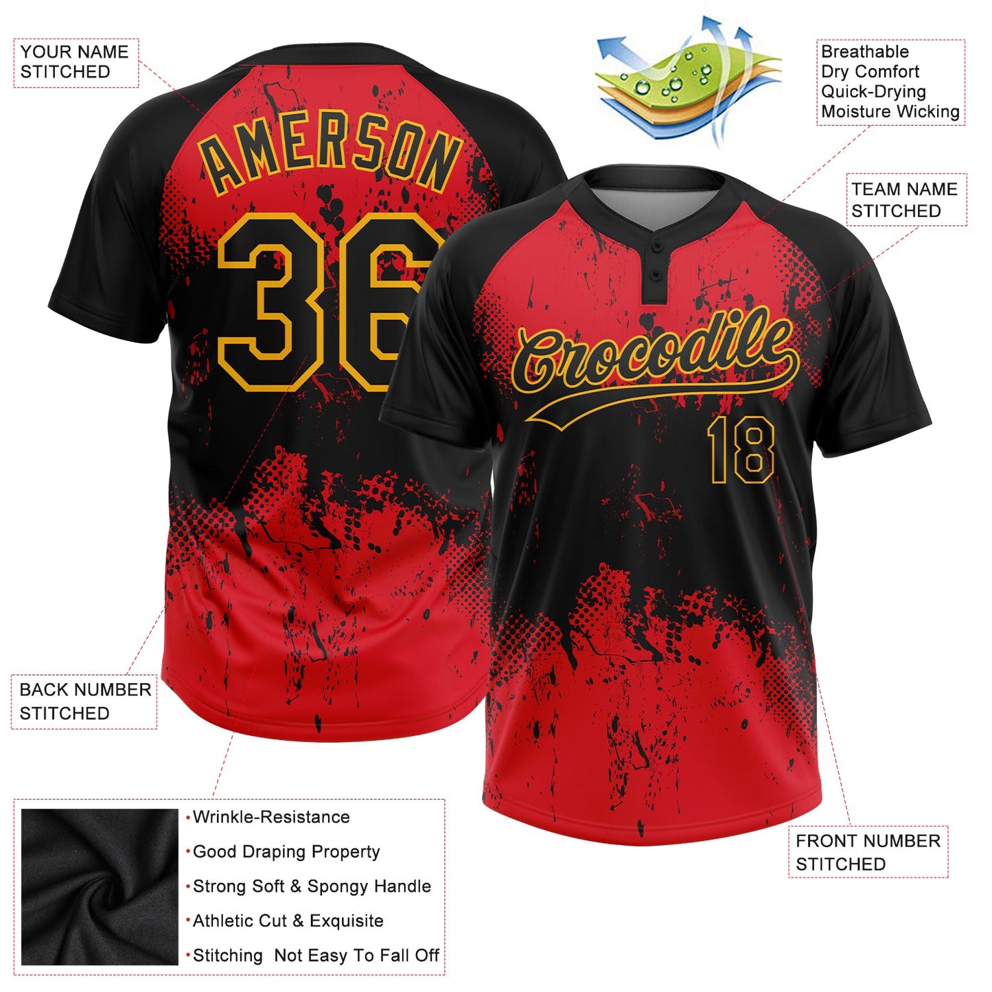 Custom Red Black-Gold 3D Pattern Two-Button Unisex Softball Jersey view 3
