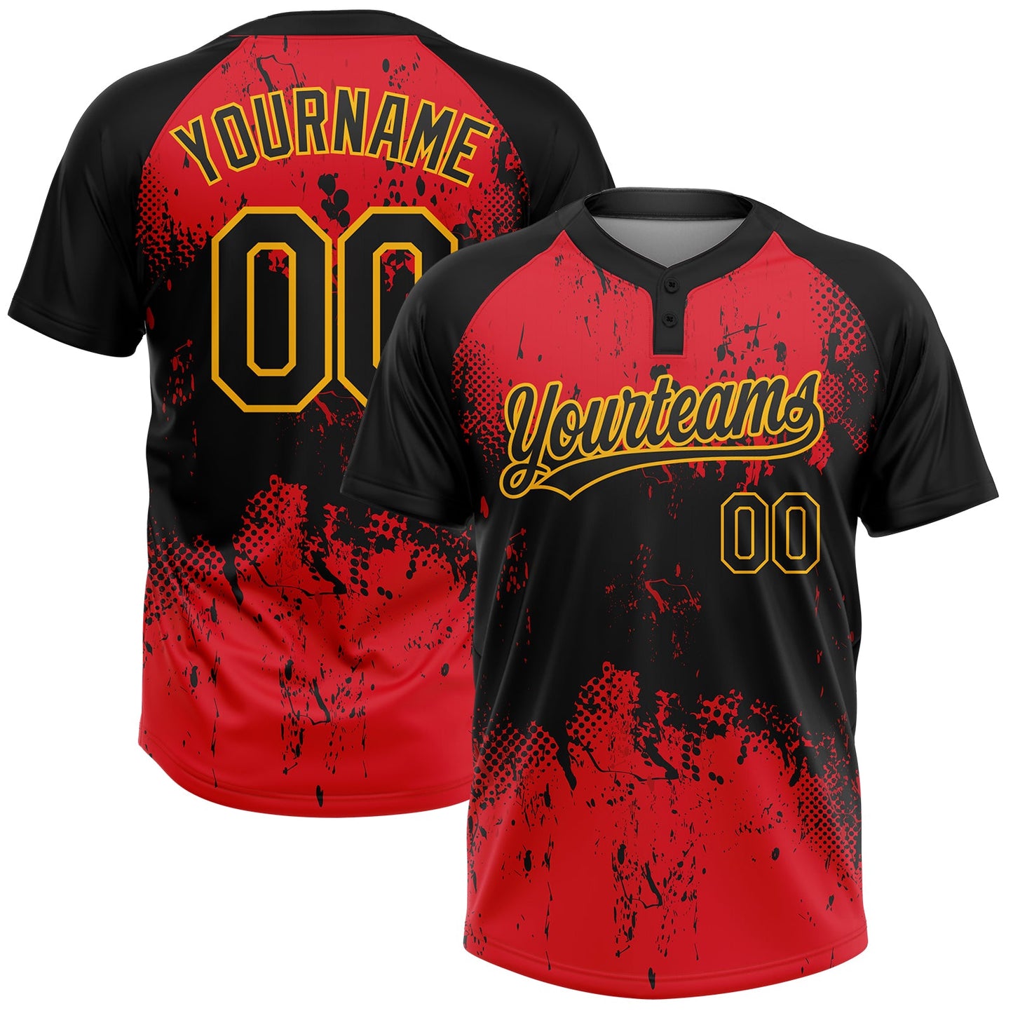 Custom Red Black-Gold 3D Pattern Two-Button Unisex Softball Jersey - Main View