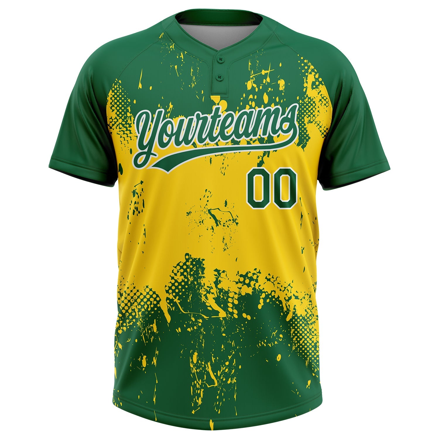 Custom Gold Green-White 3D Pattern Two-Button Unisex Softball Jersey view 2