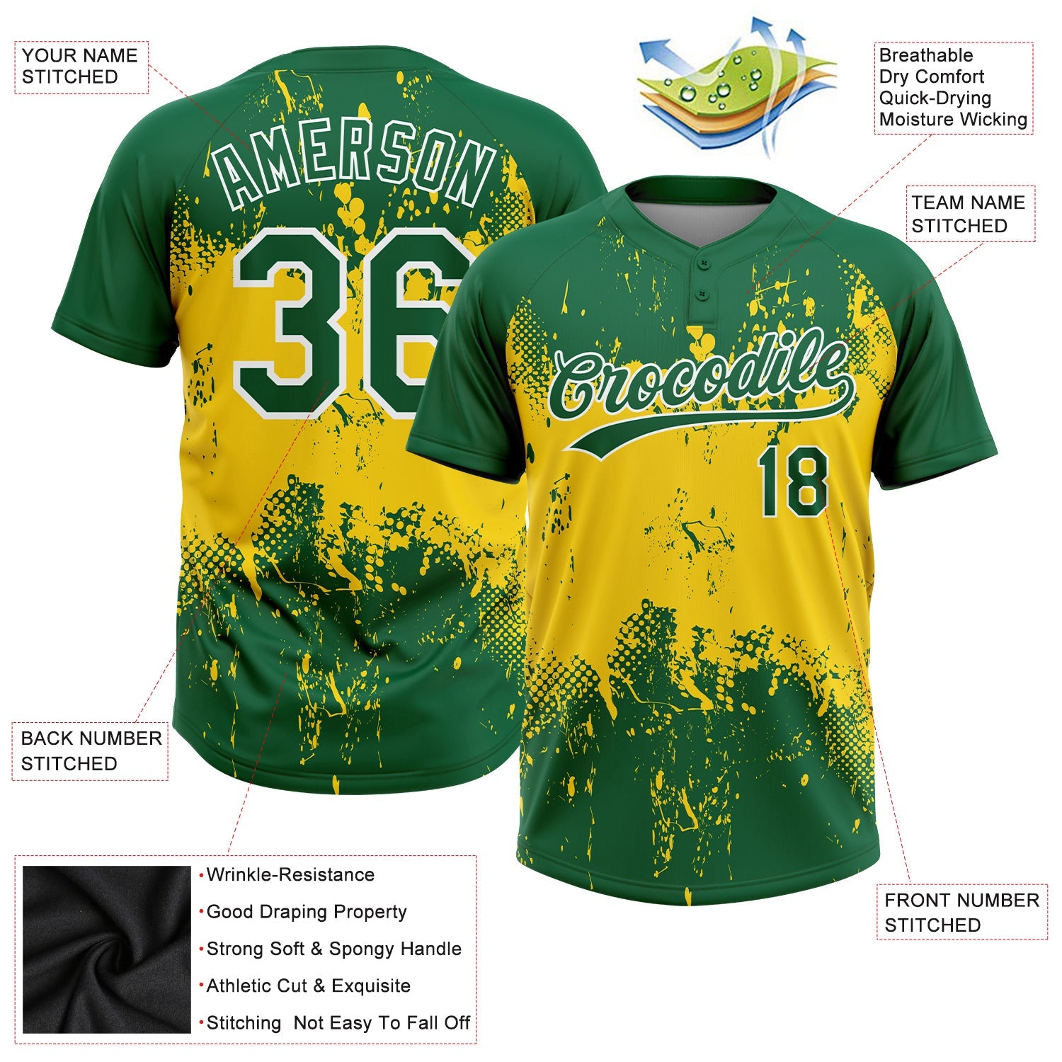 Custom Gold Green-White 3D Pattern Two-Button Unisex Softball Jersey view 3