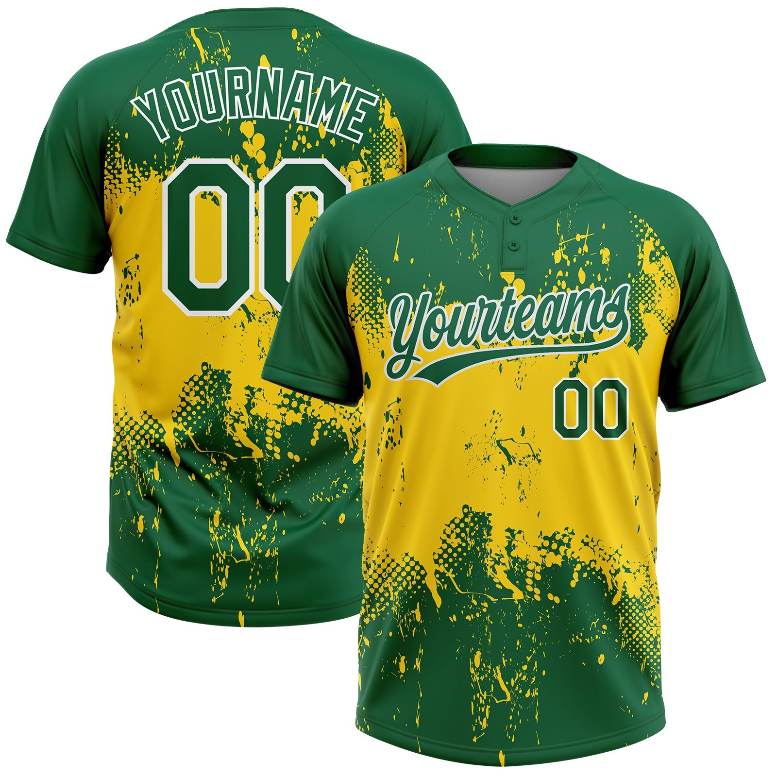 Custom Gold Green-White 3D Pattern Two-Button Unisex Softball Jersey - Main View