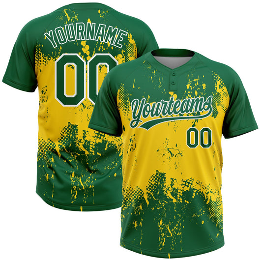 Custom Gold Green-White 3D Pattern Two-Button Unisex Softball Jersey - Main View