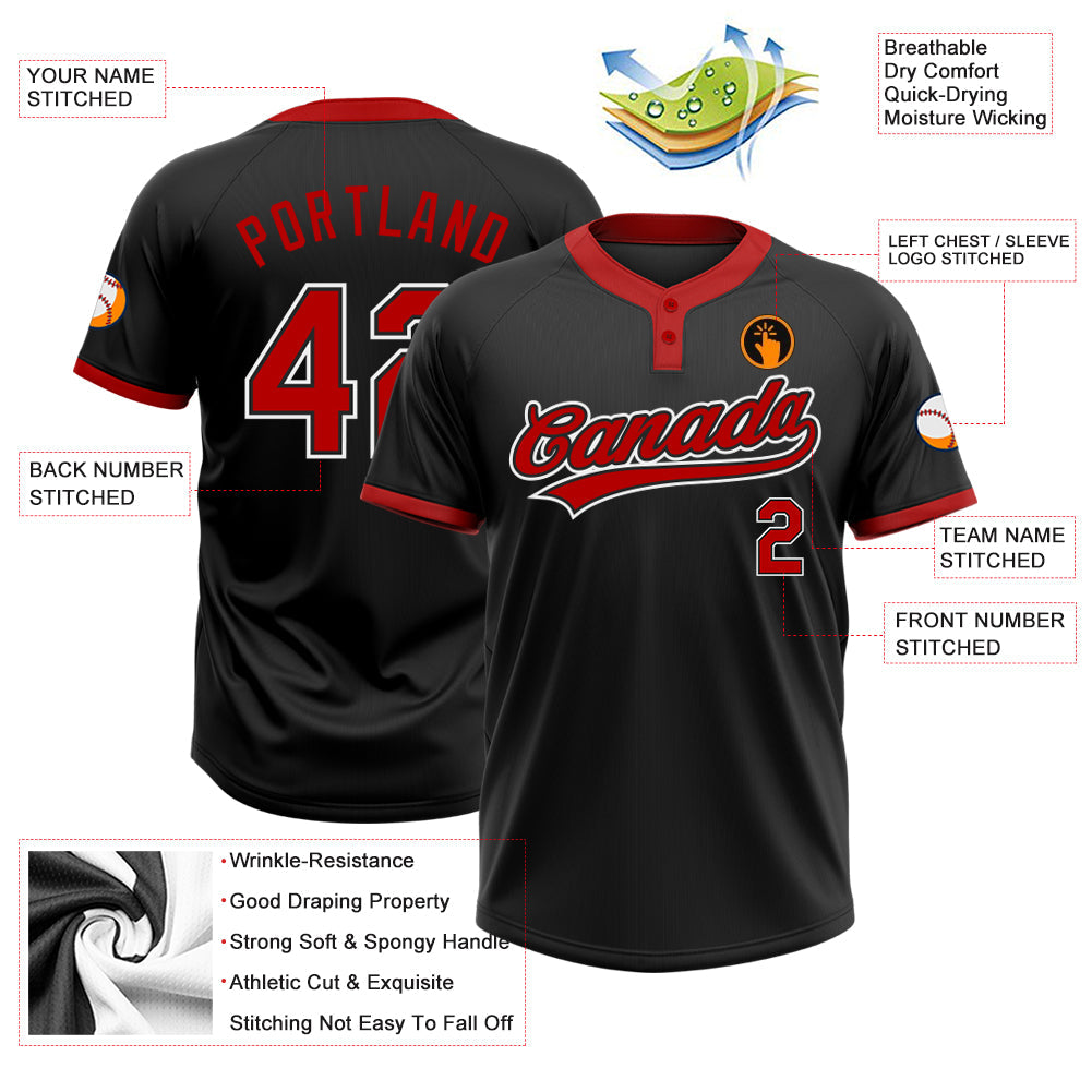 Custom Black Red-White Two-Button Unisex Softball Jersey view 3