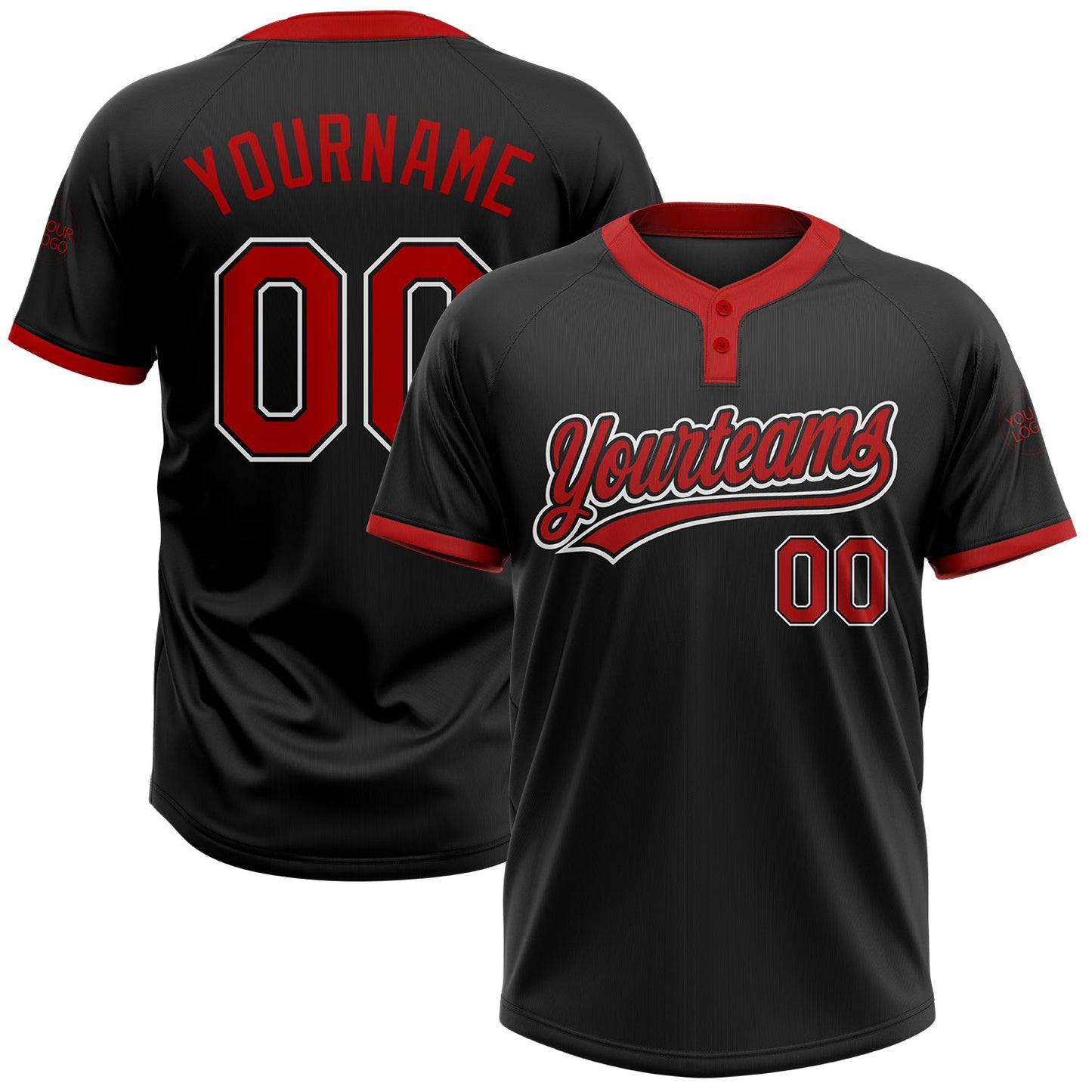 Custom Black Red-White Two-Button Unisex Softball Jersey - Main View