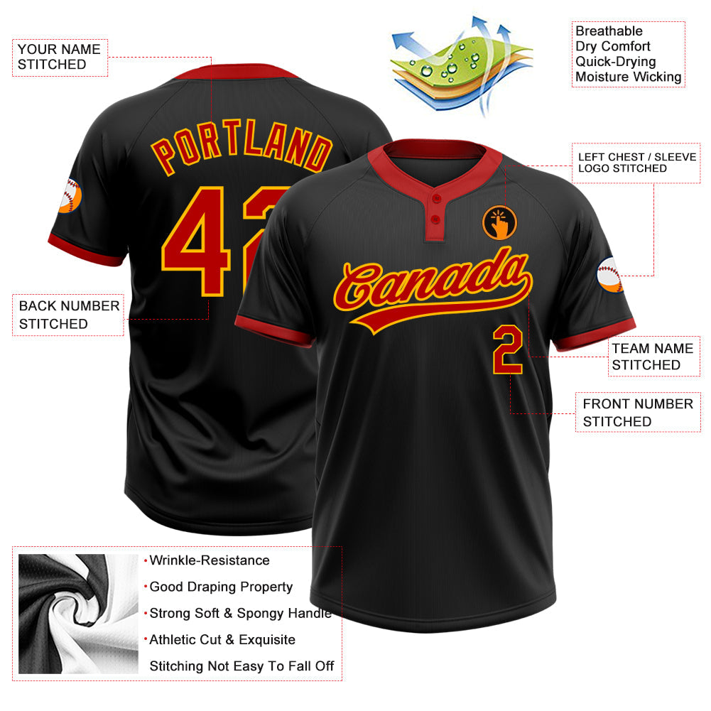 Custom Black Red-Gold Two-Button Unisex Softball Jersey view 3