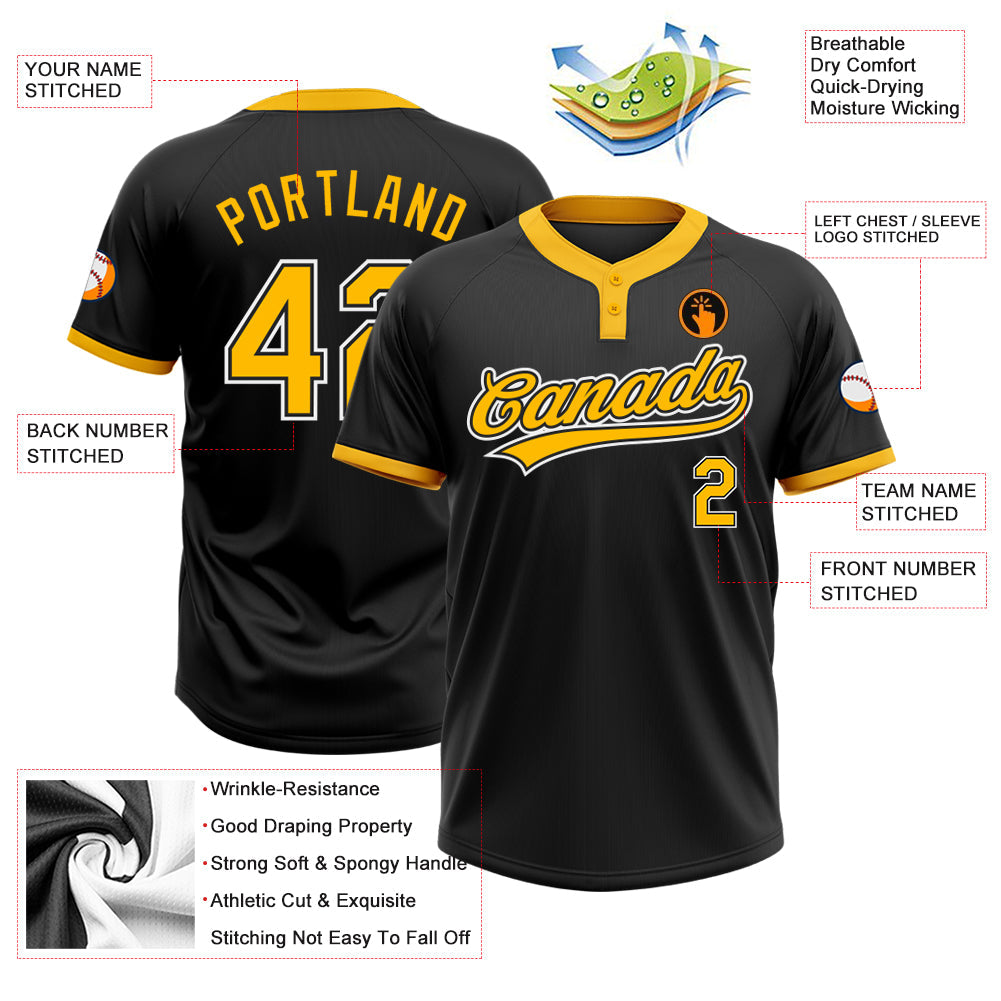 Custom Black Gold-White Two-Button Unisex Softball Jersey view 3