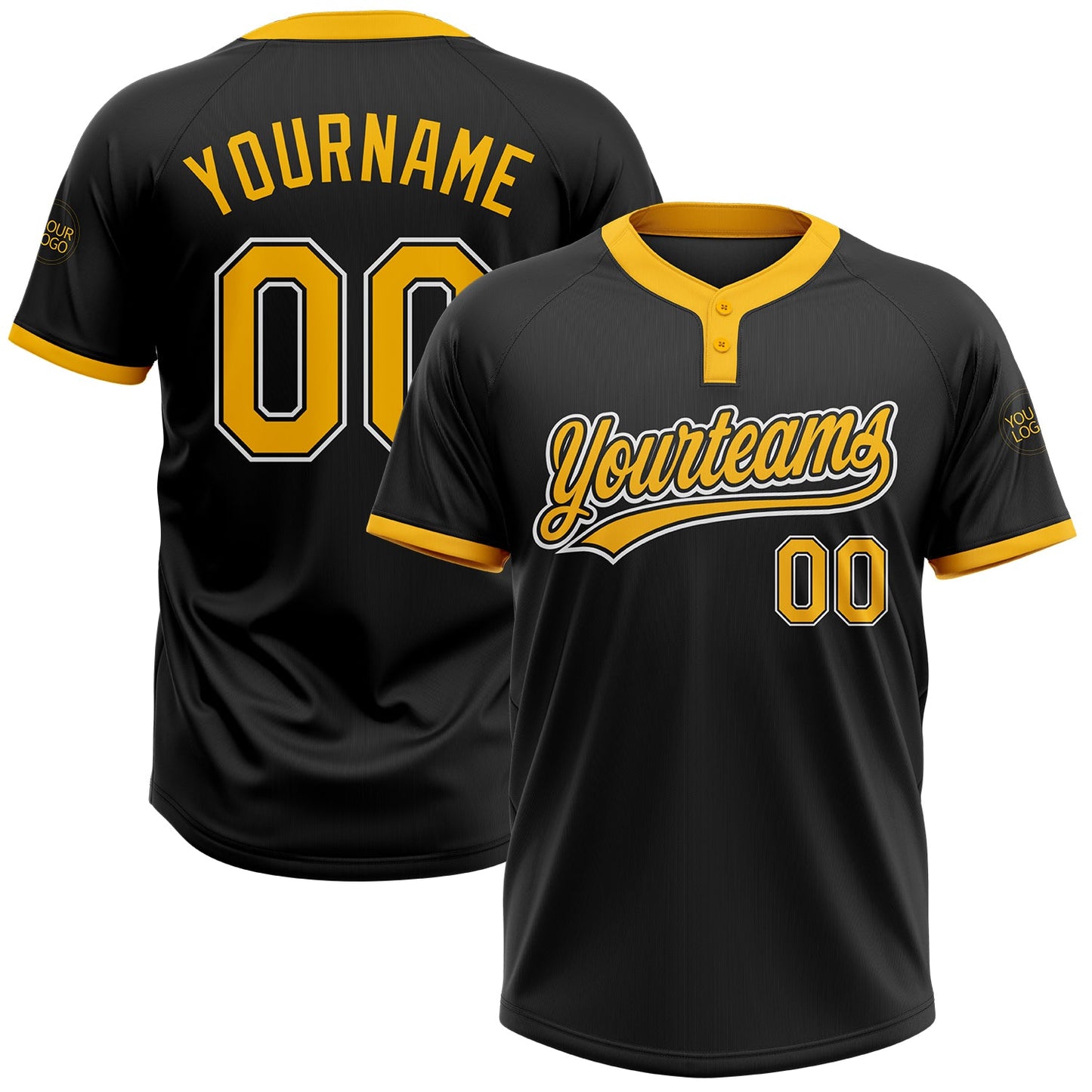Custom Black Gold-White Two-Button Unisex Softball Jersey - Main View