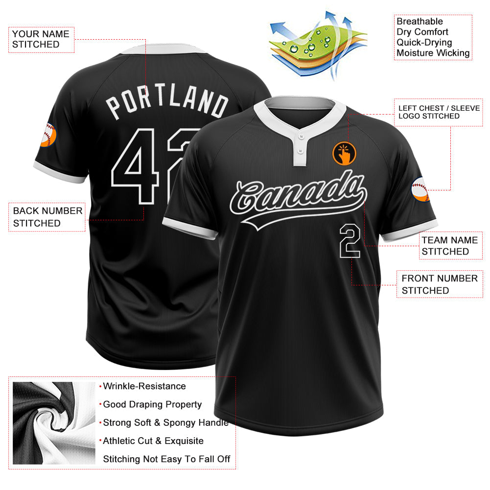 Custom Black Black-White Two-Button Unisex Softball Jersey view 3
