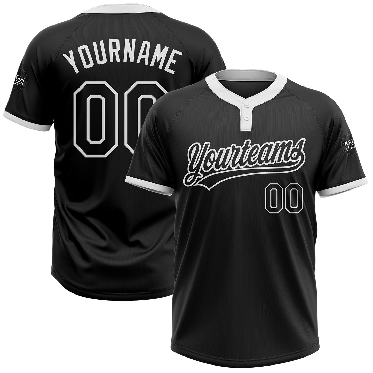 Custom Black Black-White Two-Button Unisex Softball Jersey - Main View