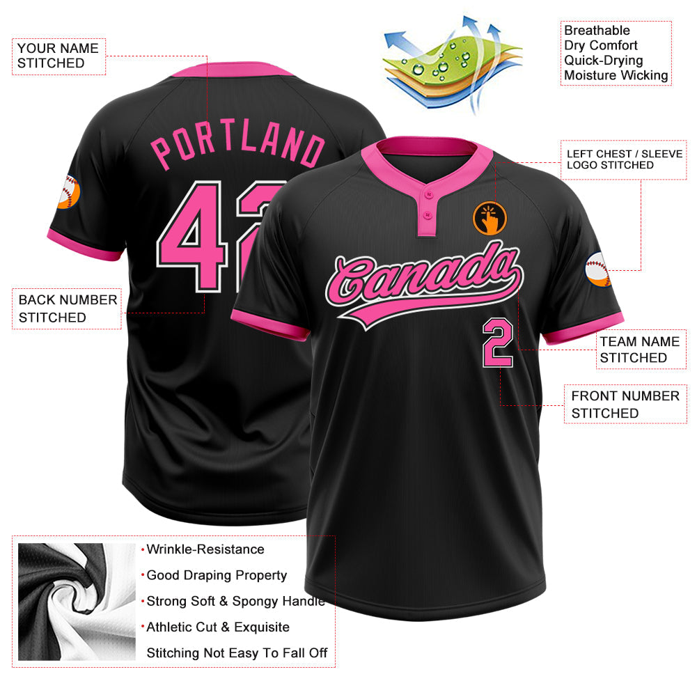 Custom Black Pink-White Two-Button Unisex Softball Jersey view 3