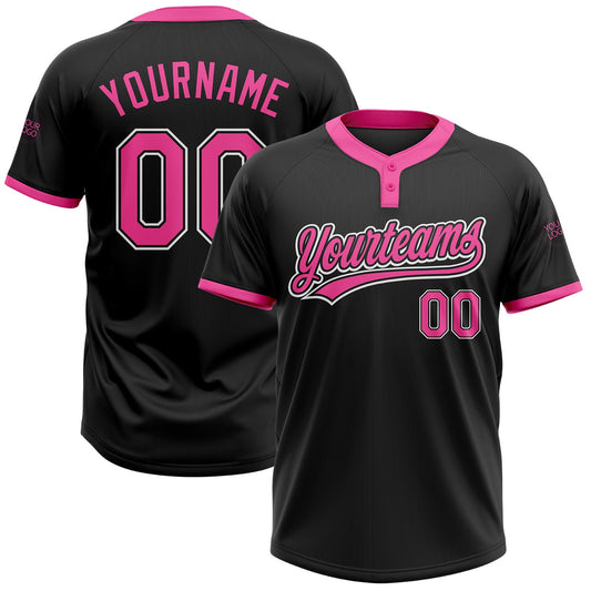 Custom Black Pink-White Two-Button Unisex Softball Jersey - Main View