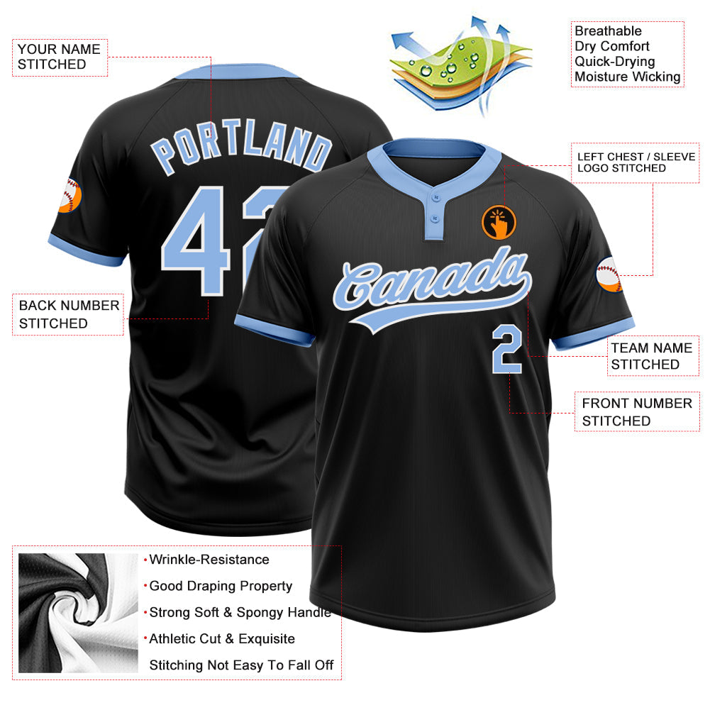 Custom Black Light Blue-White Two-Button Unisex Softball Jersey view 3