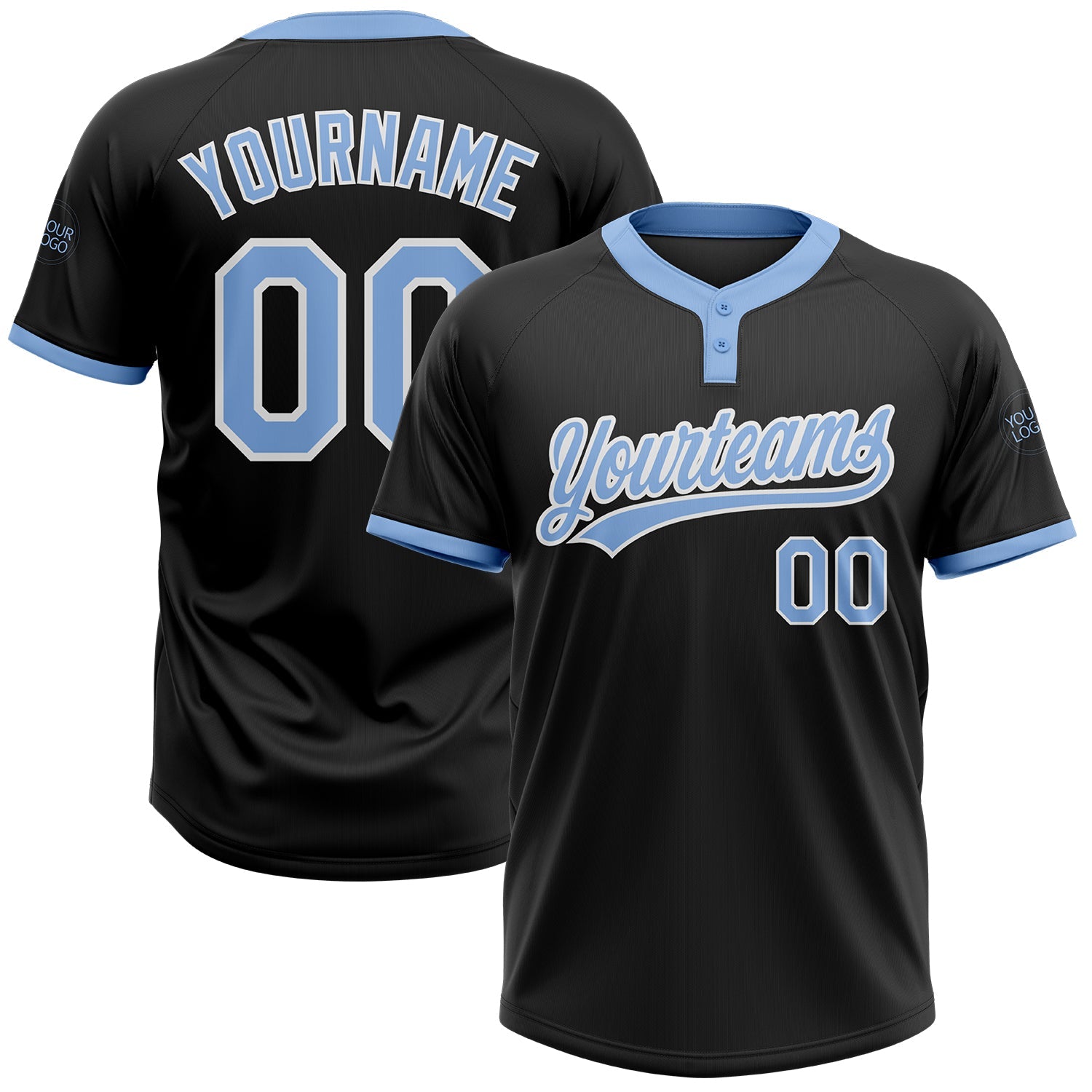 Custom Black Light Blue-White Two-Button Unisex Softball Jersey - Main View