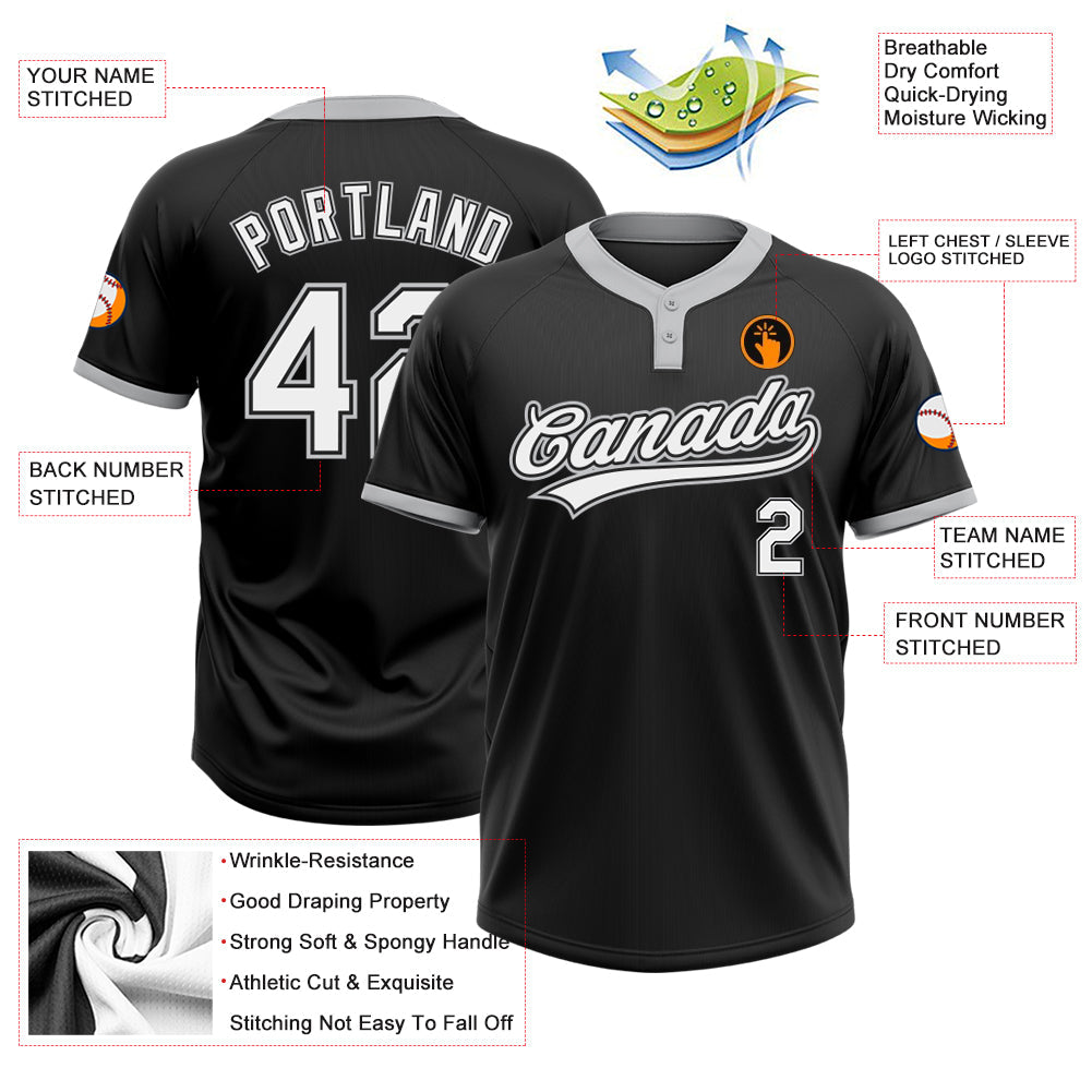 Custom Black White-Gray Two-Button Unisex Softball Jersey view 3