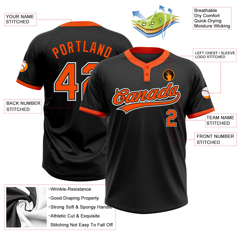Custom Black Orange-White Two-Button Unisex Softball Jersey view 3