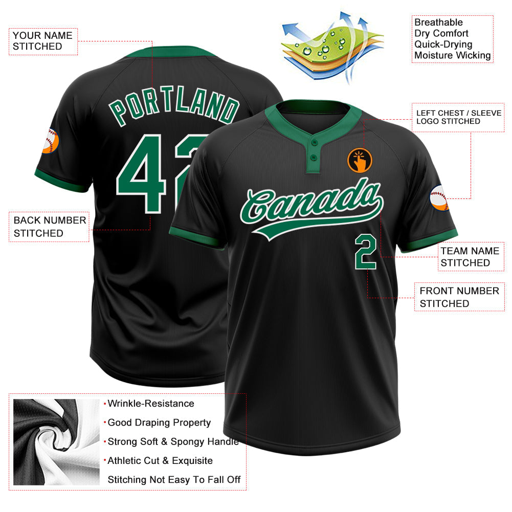 Custom Black Kelly Green-White Two-Button Unisex Softball Jersey view 3