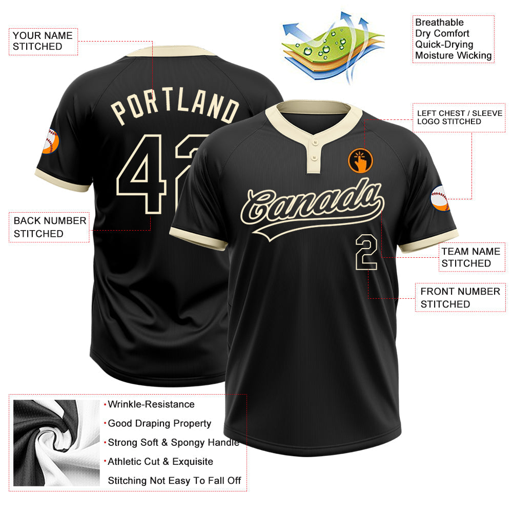 Custom Black Black-Cream Two-Button Unisex Softball Jersey view 3