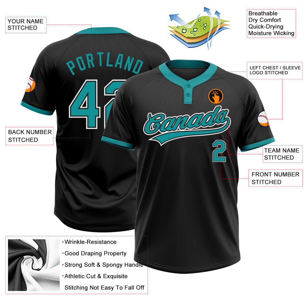 Custom Black Teal-White Two-Button Unisex Softball Jersey view 3