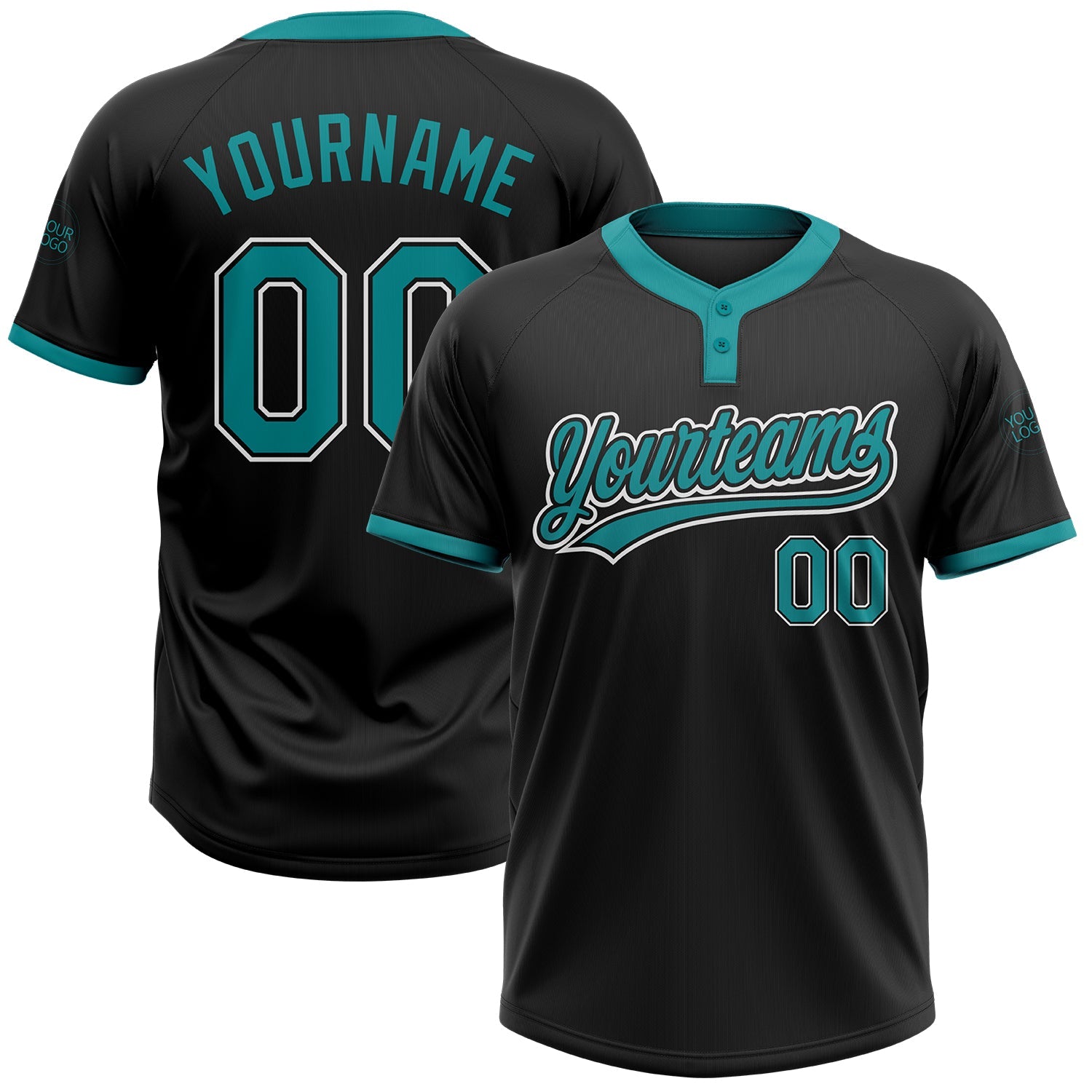 Custom Black Teal-White Two-Button Unisex Softball Jersey - Main View