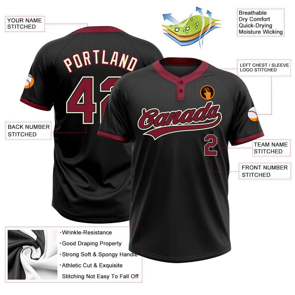 Custom Black Crimson-Cream Two-Button Unisex Softball Jersey view 3
