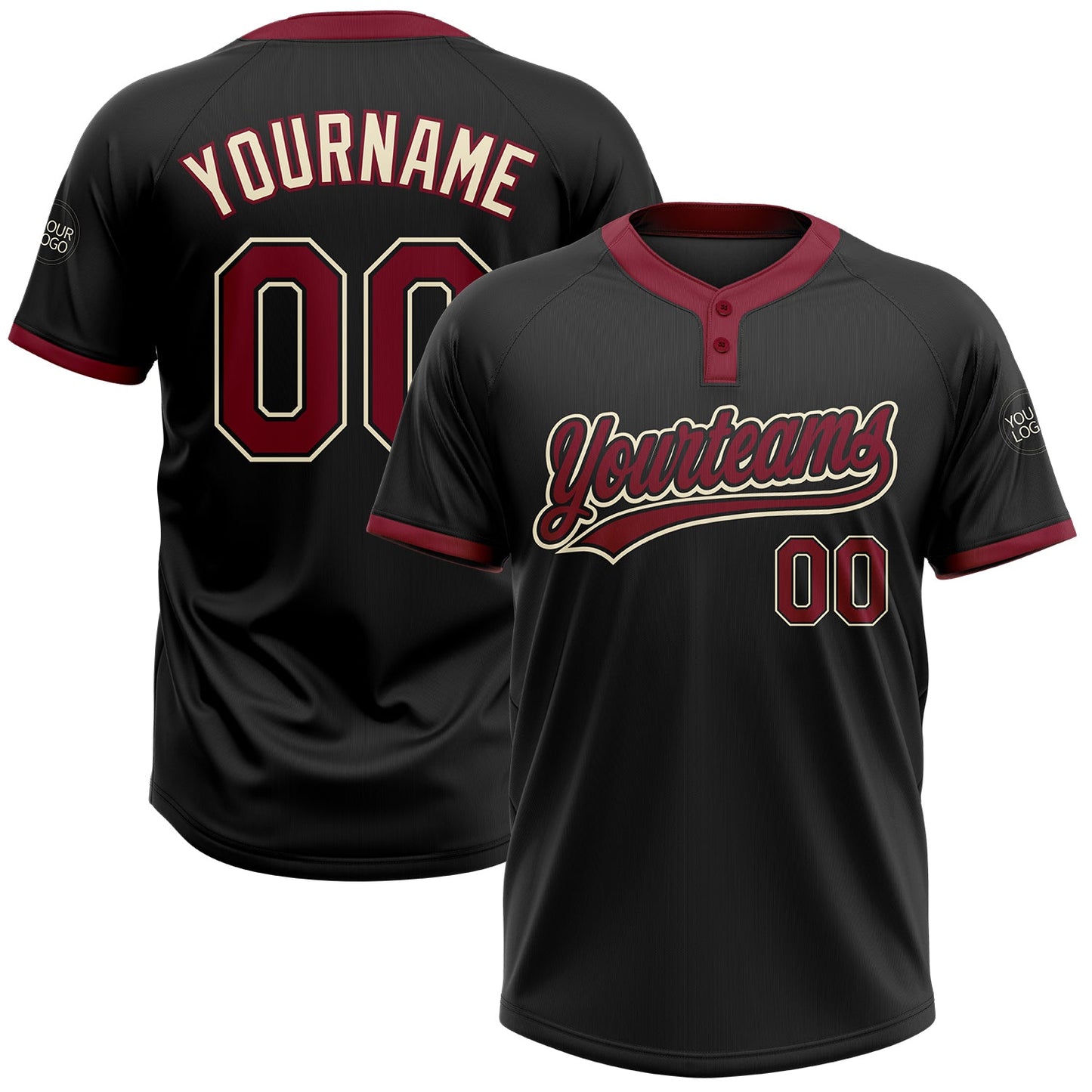 Custom Black Crimson-Cream Two-Button Unisex Softball Jersey - Main View