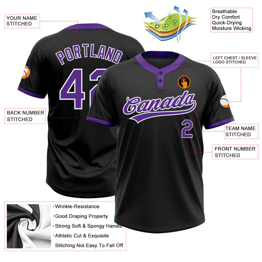 Custom Black Purple-White Two-Button Unisex Softball Jersey view 3