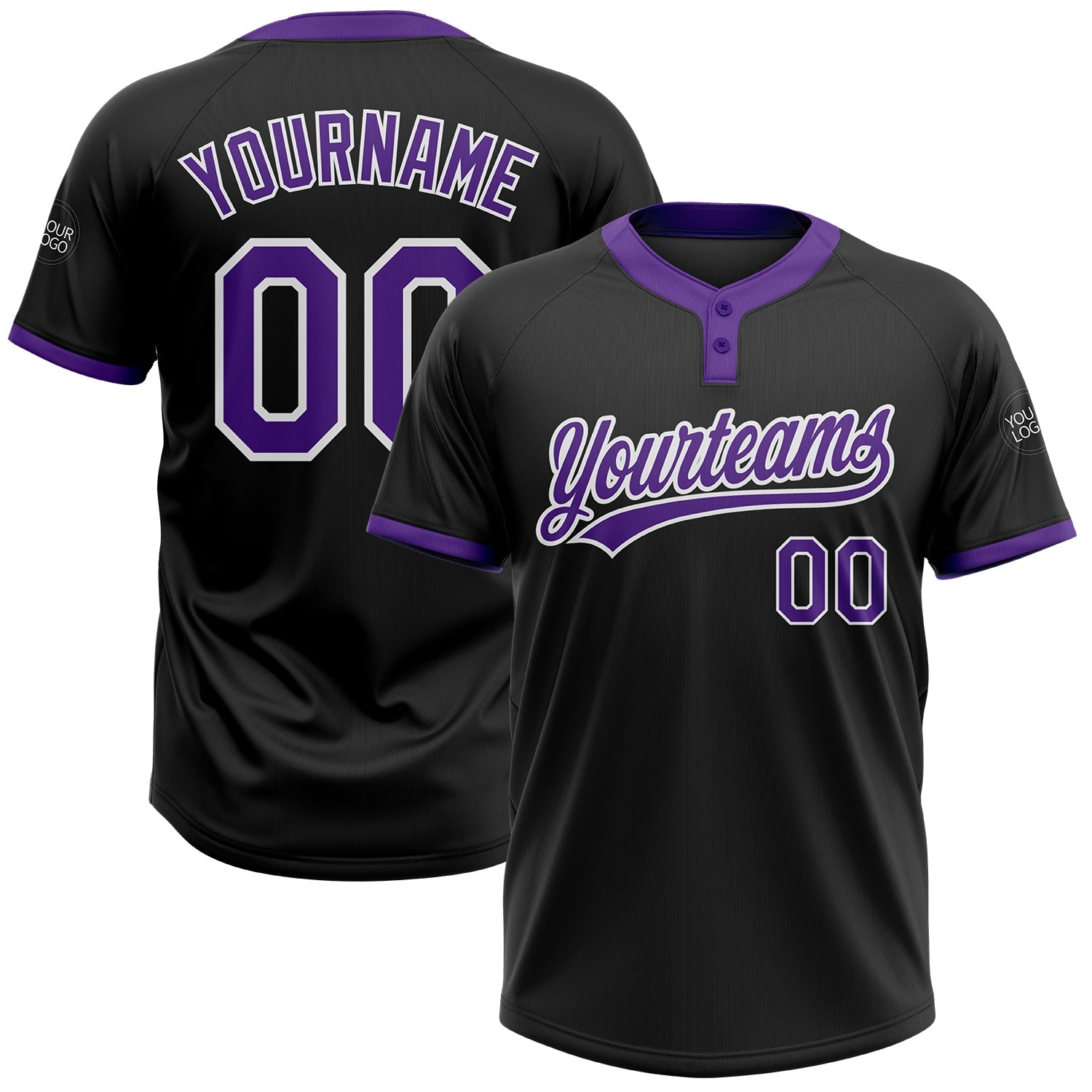 Custom Black Purple-White Two-Button Unisex Softball Jersey - Main View
