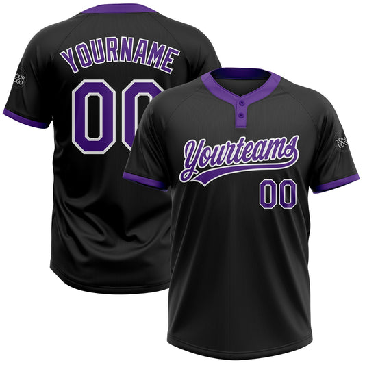 Custom Black Purple-White Two-Button Unisex Softball Jersey - Main View
