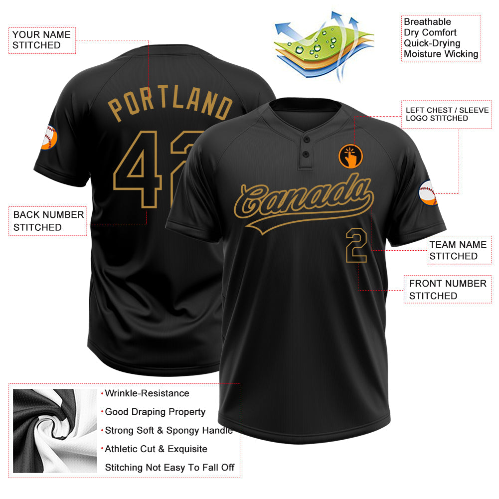 Custom Black Black-Old Gold Two-Button Unisex Softball Jersey view 3