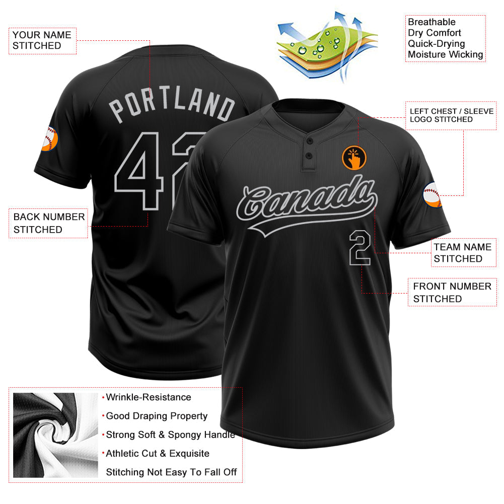 Custom Black Black-Gray Two-Button Unisex Softball Jersey view 3