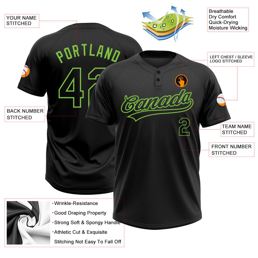 Custom Black Black-Neon Green Two-Button Unisex Softball Jersey view 4