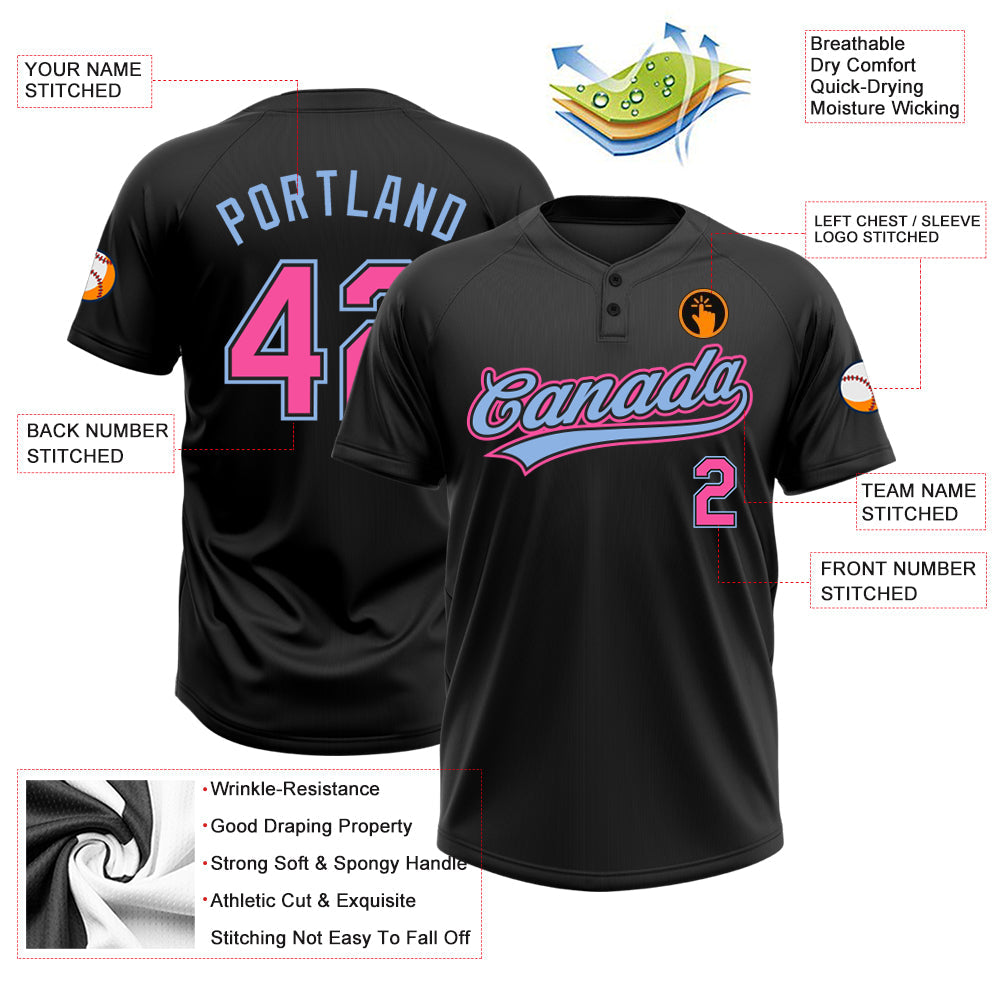 Custom Black Pink-Light Blue Two-Button Unisex Softball Jersey view 3