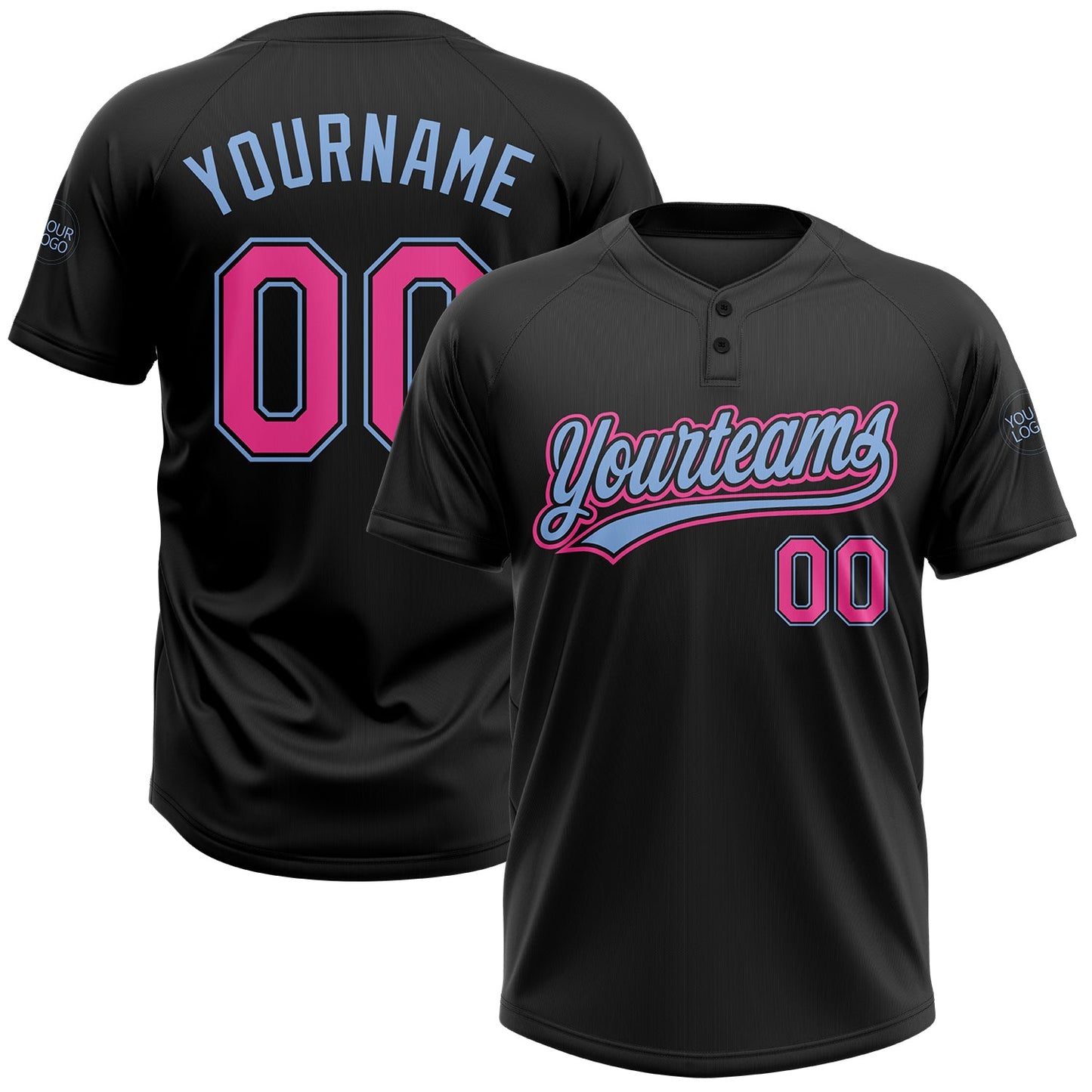 Custom Black Pink-Light Blue Two-Button Unisex Softball Jersey - Main View