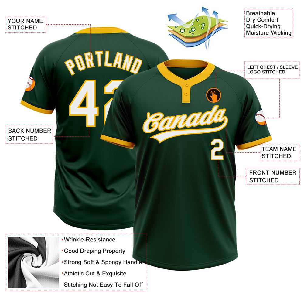 Custom Green White-Gold Two-Button Unisex Softball Jersey view 3