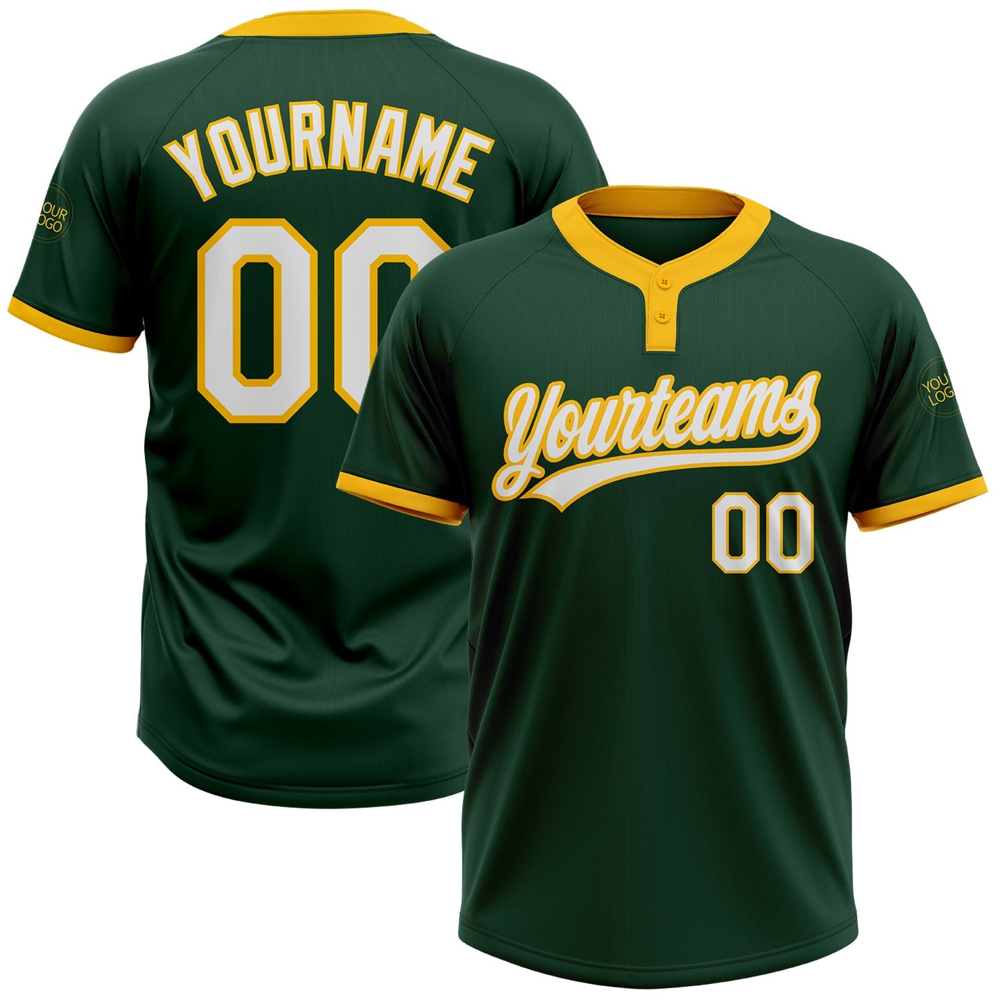 Custom Green White-Gold Two-Button Unisex Softball Jersey - Main View