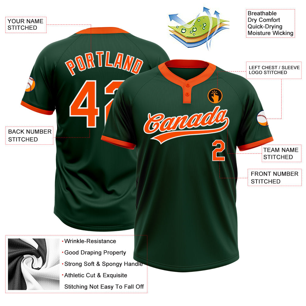 Custom Green Orange-White Two-Button Unisex Softball Jersey view 3