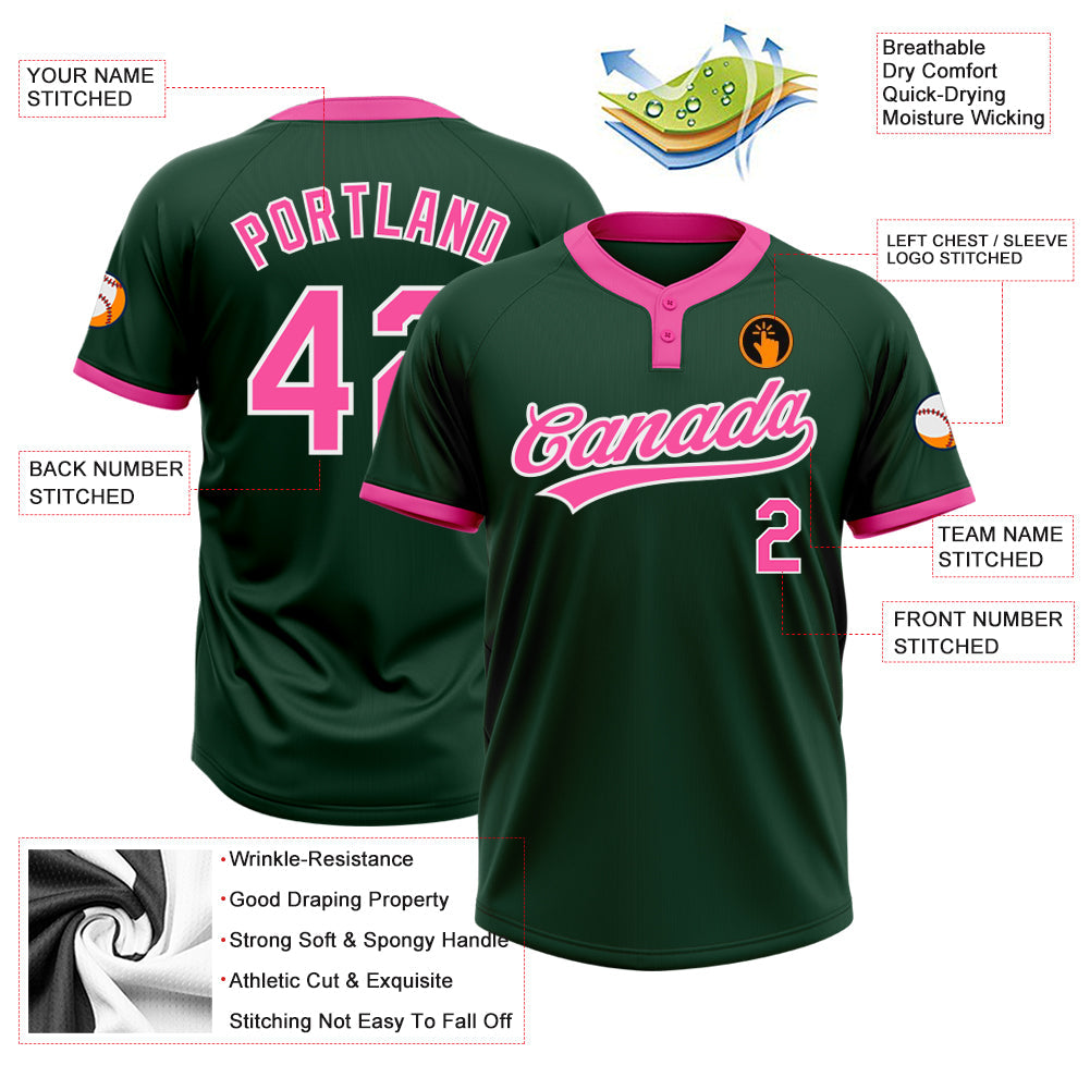 Custom Green Pink-White Two-Button Unisex Softball Jersey view 3