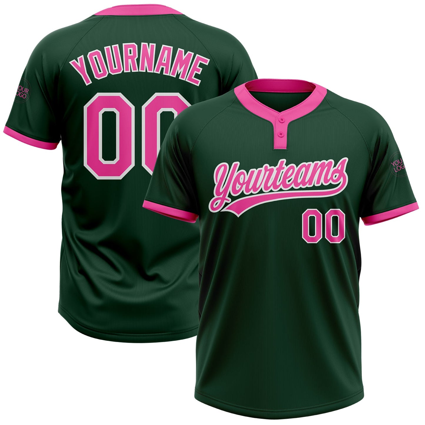 Custom Green Pink-White Two-Button Unisex Softball Jersey - Main View