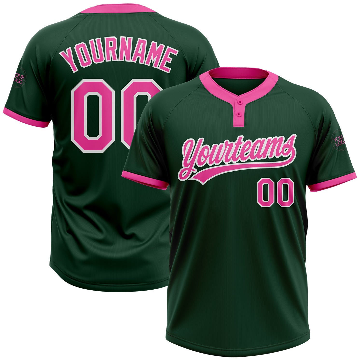Custom Green Pink-White Two-Button Unisex Softball Jersey - Main View