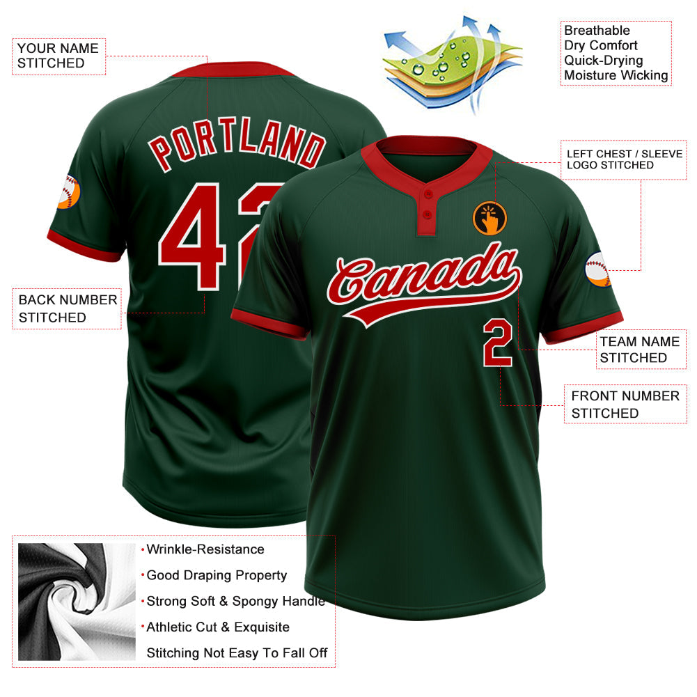 Custom Green Red-White Two-Button Unisex Softball Jersey view 3