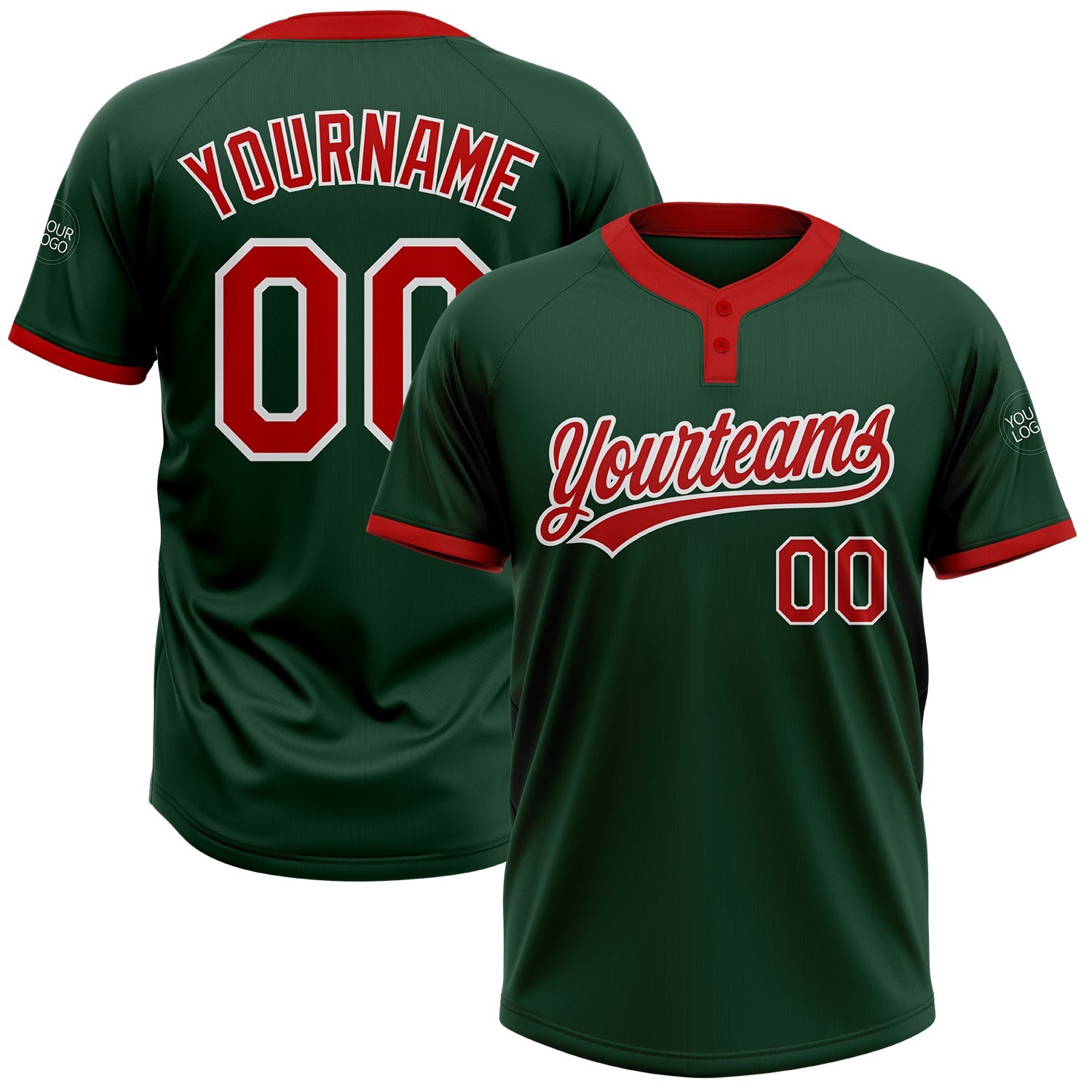 Custom Green Red-White Two-Button Unisex Softball Jersey - Main View
