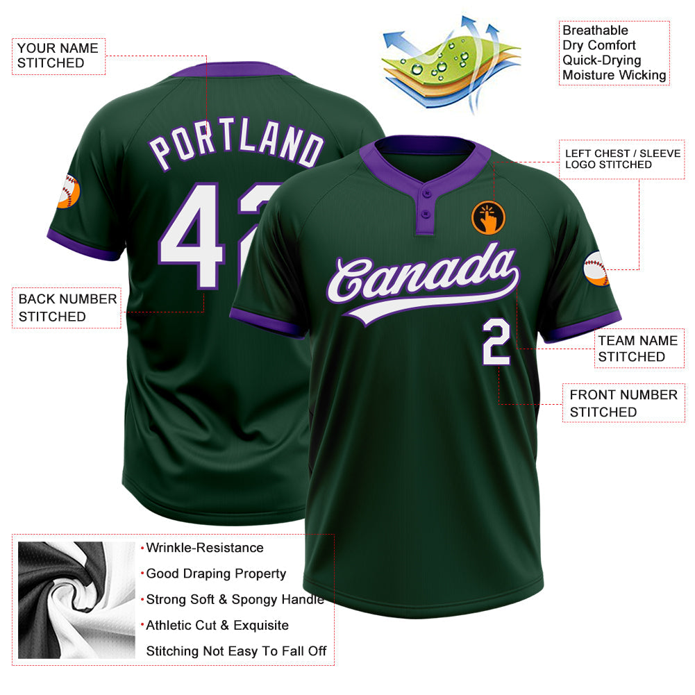 Custom Green White-Purple Two-Button Unisex Softball Jersey view 3