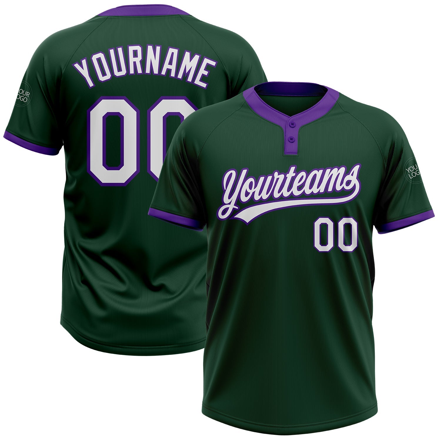 Custom Green White-Purple Two-Button Unisex Softball Jersey - Main View